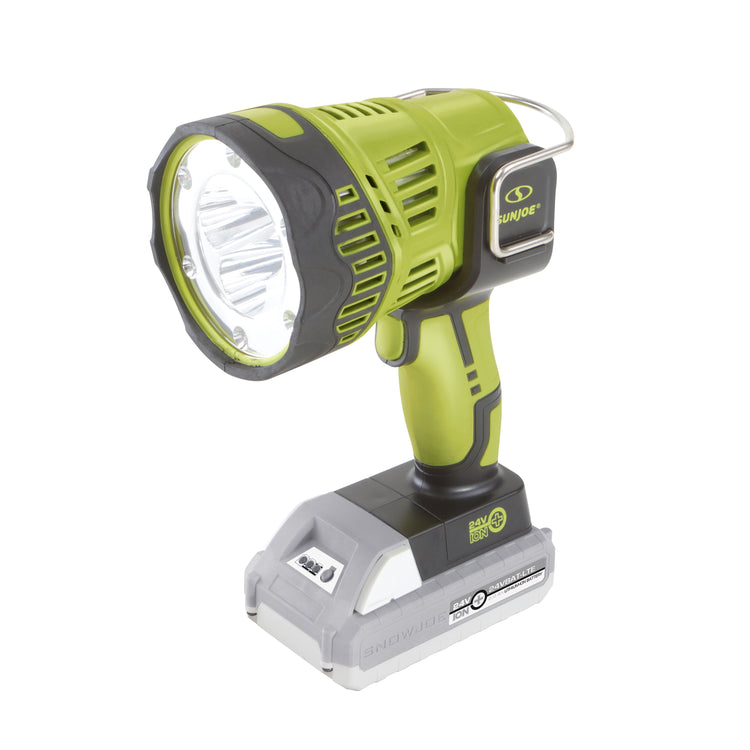 Angled view of the Sun Joe 24-Volt Cordless Flashlight turned on.