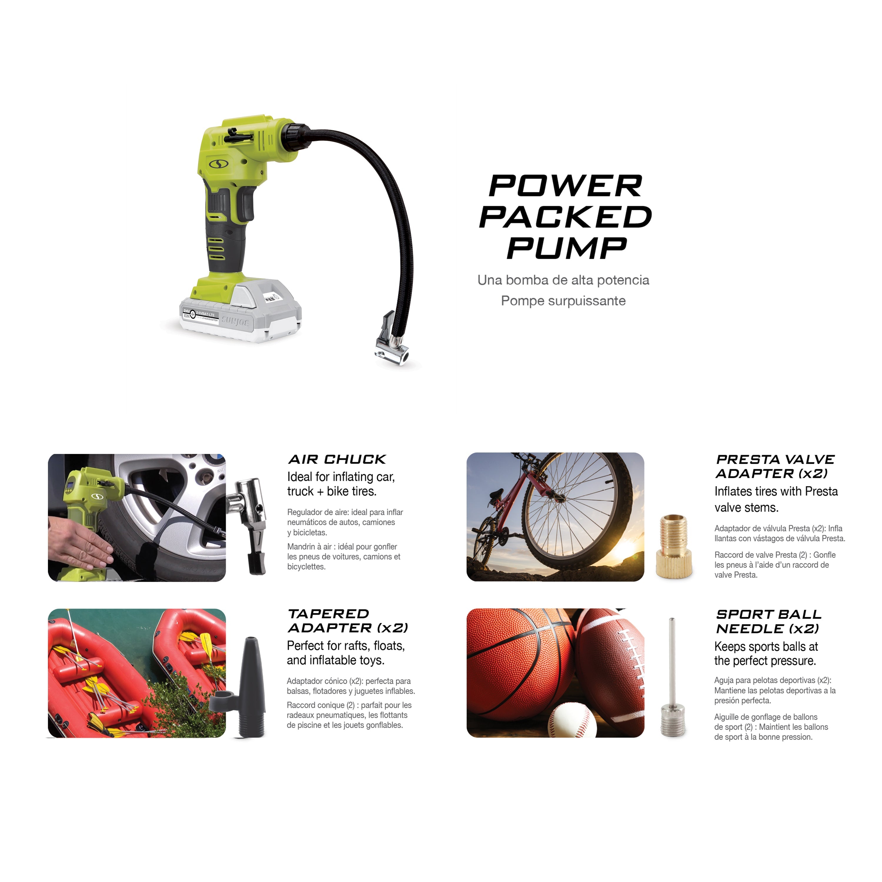 Infographic for Air Compressor: air chuck, presta valve adapter, tapered adapter, and sport ball needle.