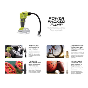 Infographic for Air Compressor: air chuck, presta valve adapter, tapered adapter, and sport ball needle.