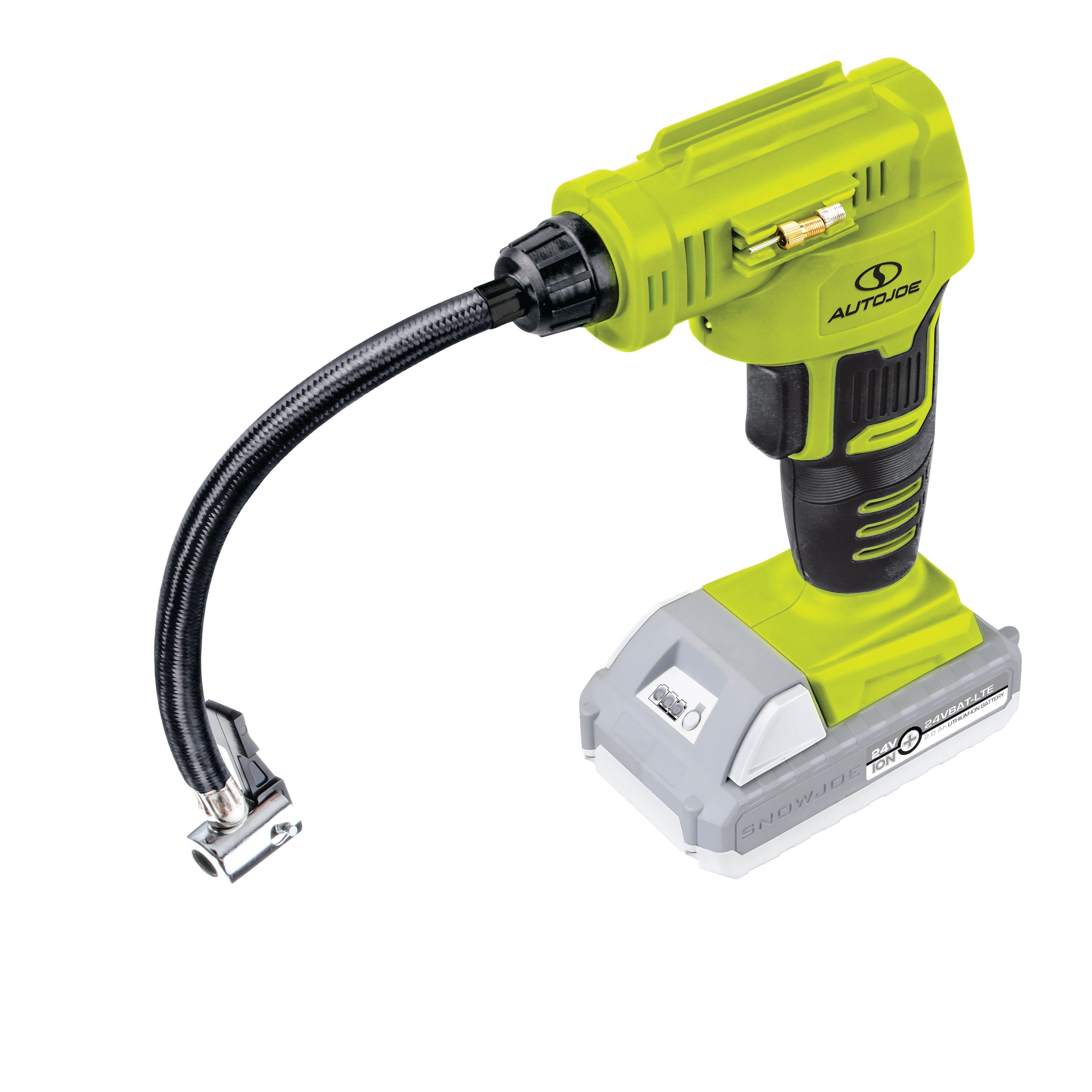 Sun Joe 24-Volt Cordless Portable Air Compressor with 2.0-Ah lithium-ion battery attached.