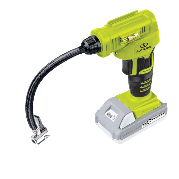 Sun Joe 24-Volt Cordless Portable Air Compressor with 2.0-Ah lithium-ion battery attached.