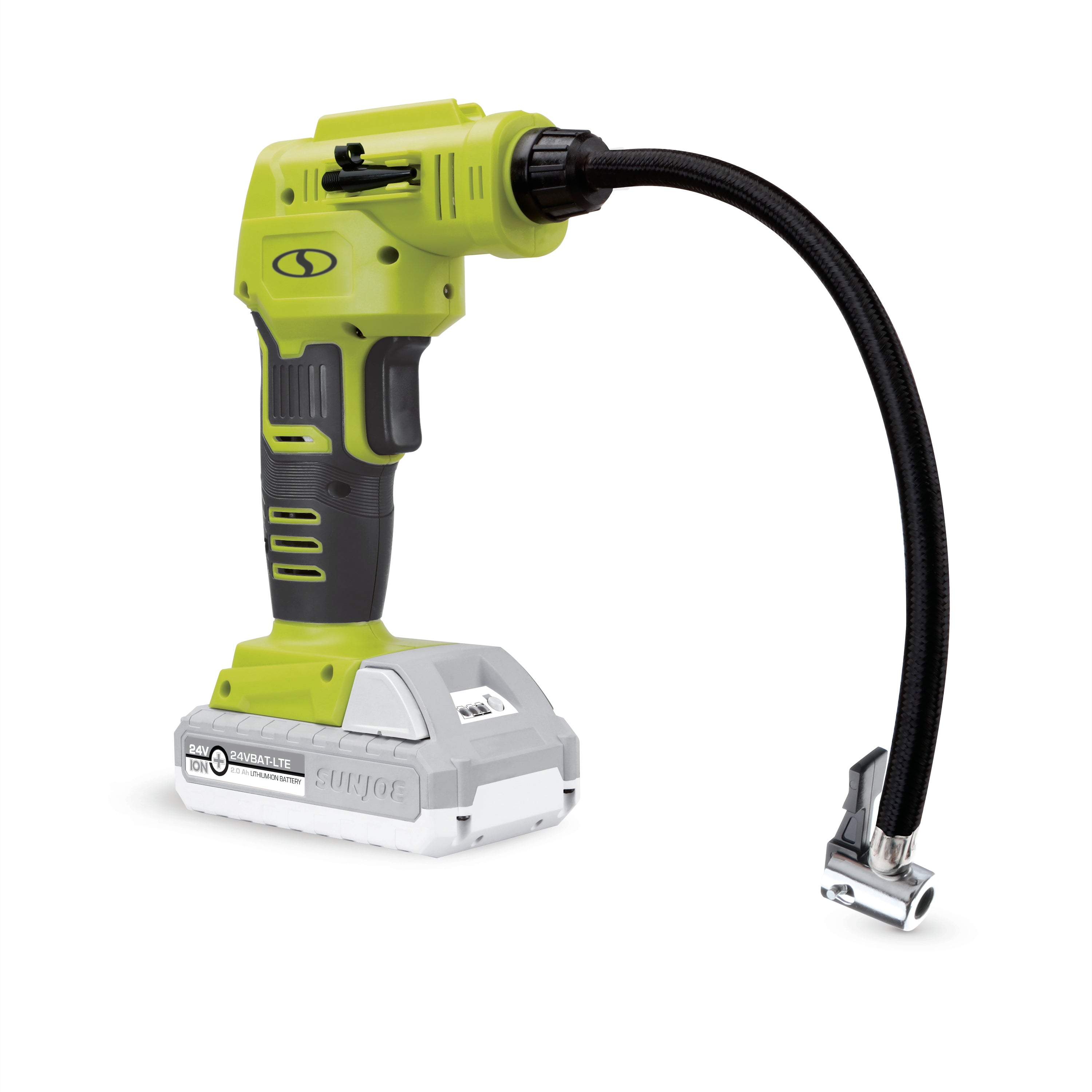 Angled view of the Sun Joe 24-Volt Cordless Portable Air Compressor with 2.0-Ah lithium-ion battery attached.