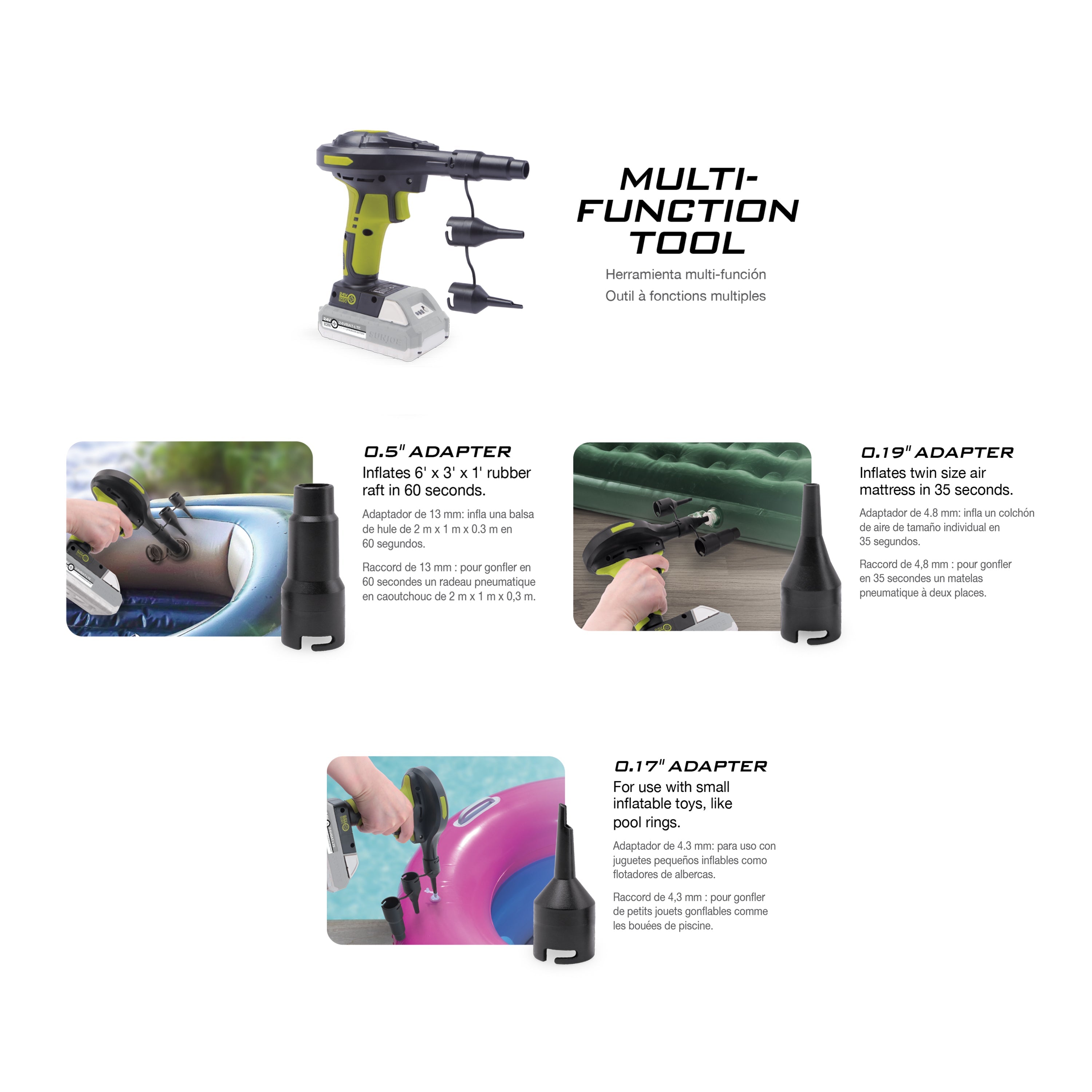 Infographic for high-volume inflator: 0.5-inch adapter, 0.19-inch adapter, and 0.17-inch adapter.