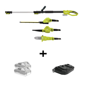 Sun Joe 24-Volt Cordless 3-in-1 Hedge trimmer, pole saw, leaf blower plus two 2.0-Ah lithium-ion batteries and dual-port quick charger.