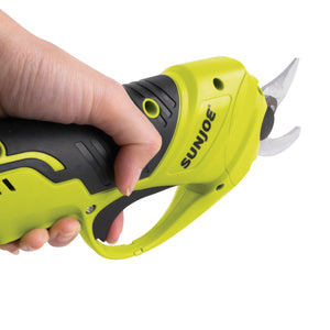 Close-up of the handle on the Sun Joe 24-volt Cordless Handheld and Long-Reach Pruner and Lopper