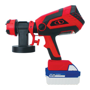 Side view of the Sun Joe 24-volt cordless paint sprayer kit with a 4.0-Ah lithium-ion battery attached without the bottle.