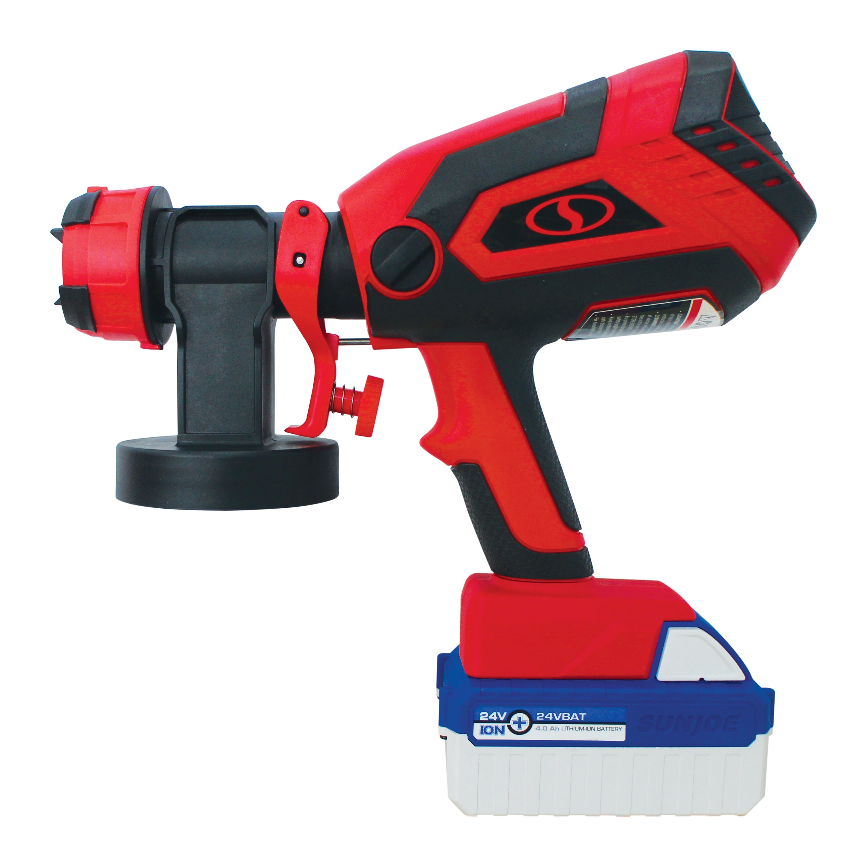 Side view of the Sun Joe 24-volt cordless paint sprayer kit with a 4.0-Ah lithium-ion battery attached without the bottle.