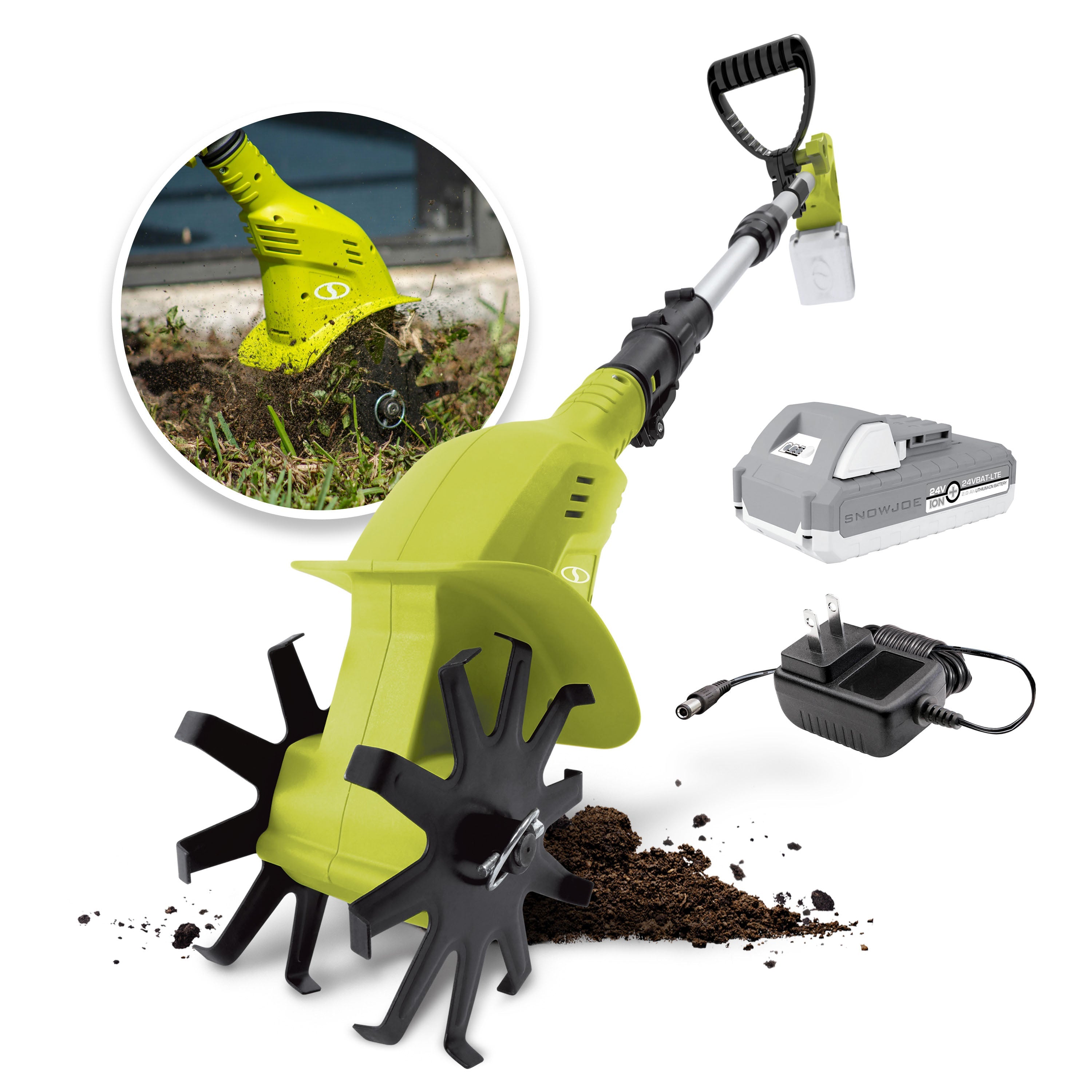 Sun Joe 24V-TLR-LTE 24-Volt* IONMAX Cordless Garden Tiller + Cultivator Kit | W/ 2.0-Ah Battery + Charger