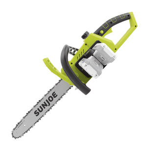 Left-side view of the Sun Joe 48-volt cordless 16-inch chainsaw kit with two 2.0-Ah lithium-ion batteries attached.