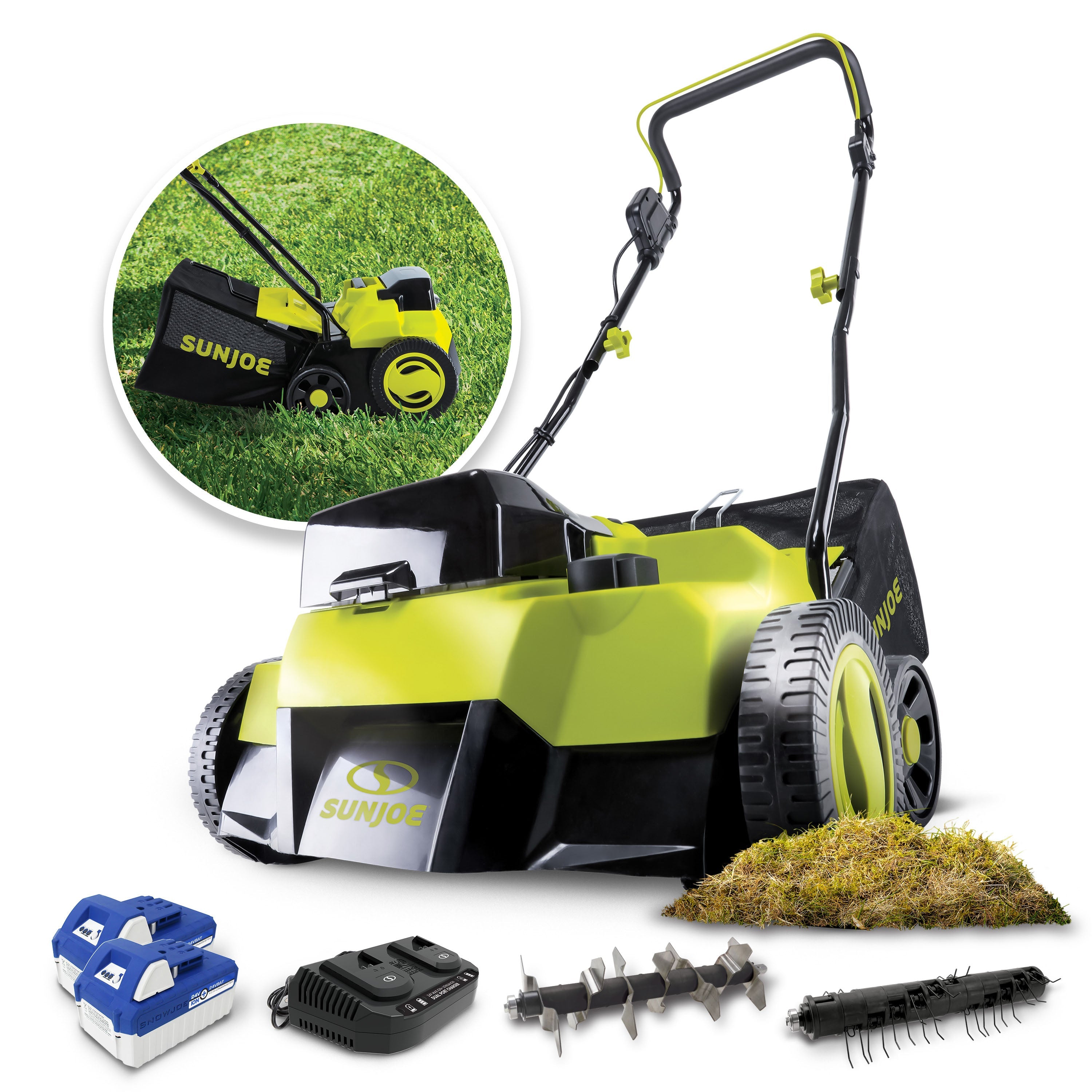 Sun Joe 24V-X2-DTS15 24-Volt* Cordless Scarifier + Dethatcher | 5-Depth Positions | 14-inch | Brushless Motor | W/ 2 x 4.0-Ah Batteries + Charger