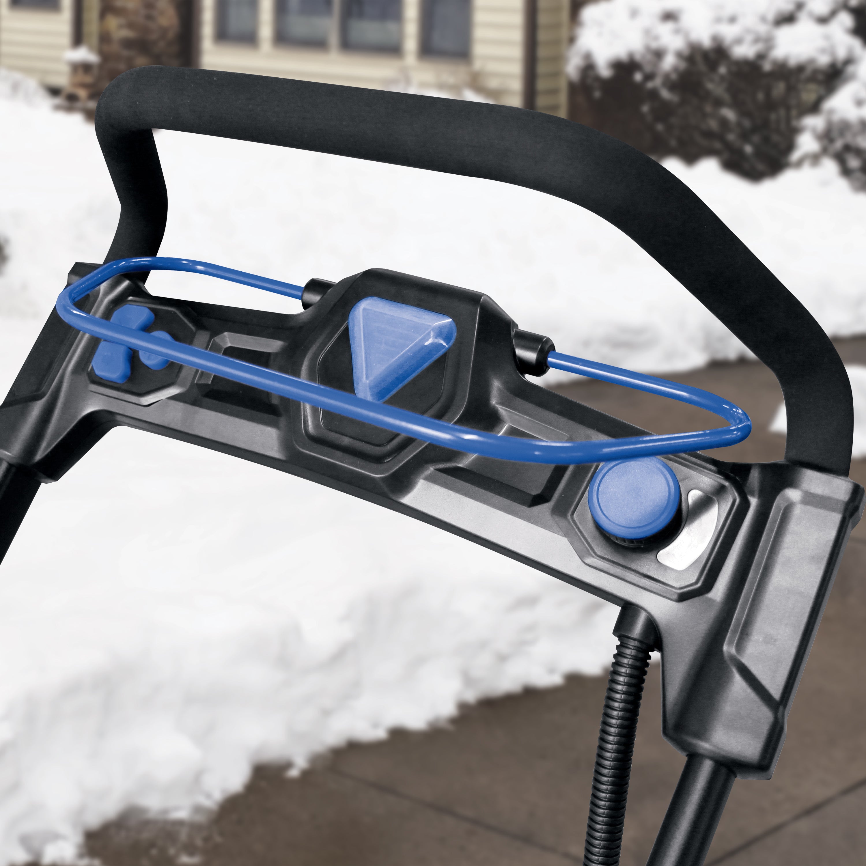 Close-up of the handle on the Snow Joe 96-volt cordless 21-inch snow blower.