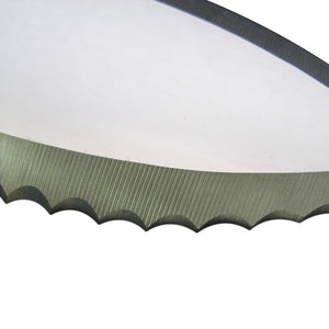 Close-up the serrated edge on the blade of the Nisaku Limited Yamakatana Edition 7.5-inch Japanese Stainless Steel Knife.