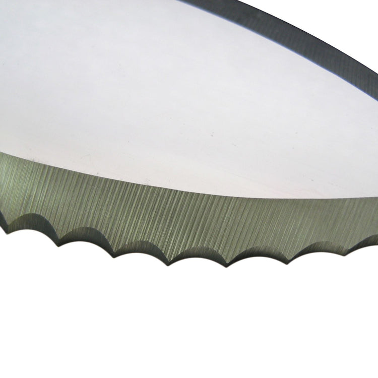 Close-up the serrated edge on the blade of the Nisaku Limited Yamakatana Edition 7.5-inch Japanese Stainless Steel Knife.