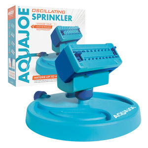 Aqua Joe 20-Nozzle Mini Oscillating Sprinkler on Sled Base with packaging behind it.