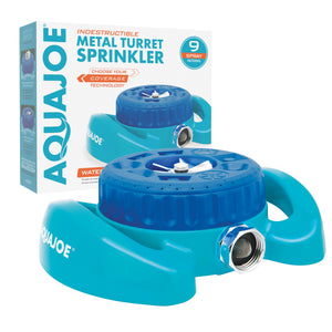 Aqua Joe Indestructible Metal Turret Sprinkler with packaging.