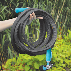 Person holding the Aqua Joe 25-foot FiberJacket Garden Hose.