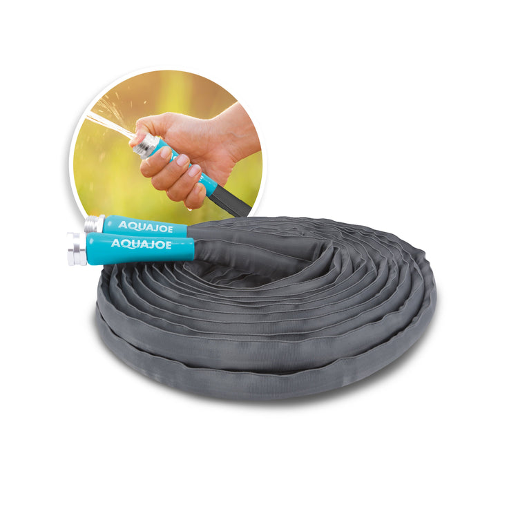 Aqua joe 50 foot fiberjacket garden hose with inset images of product in use