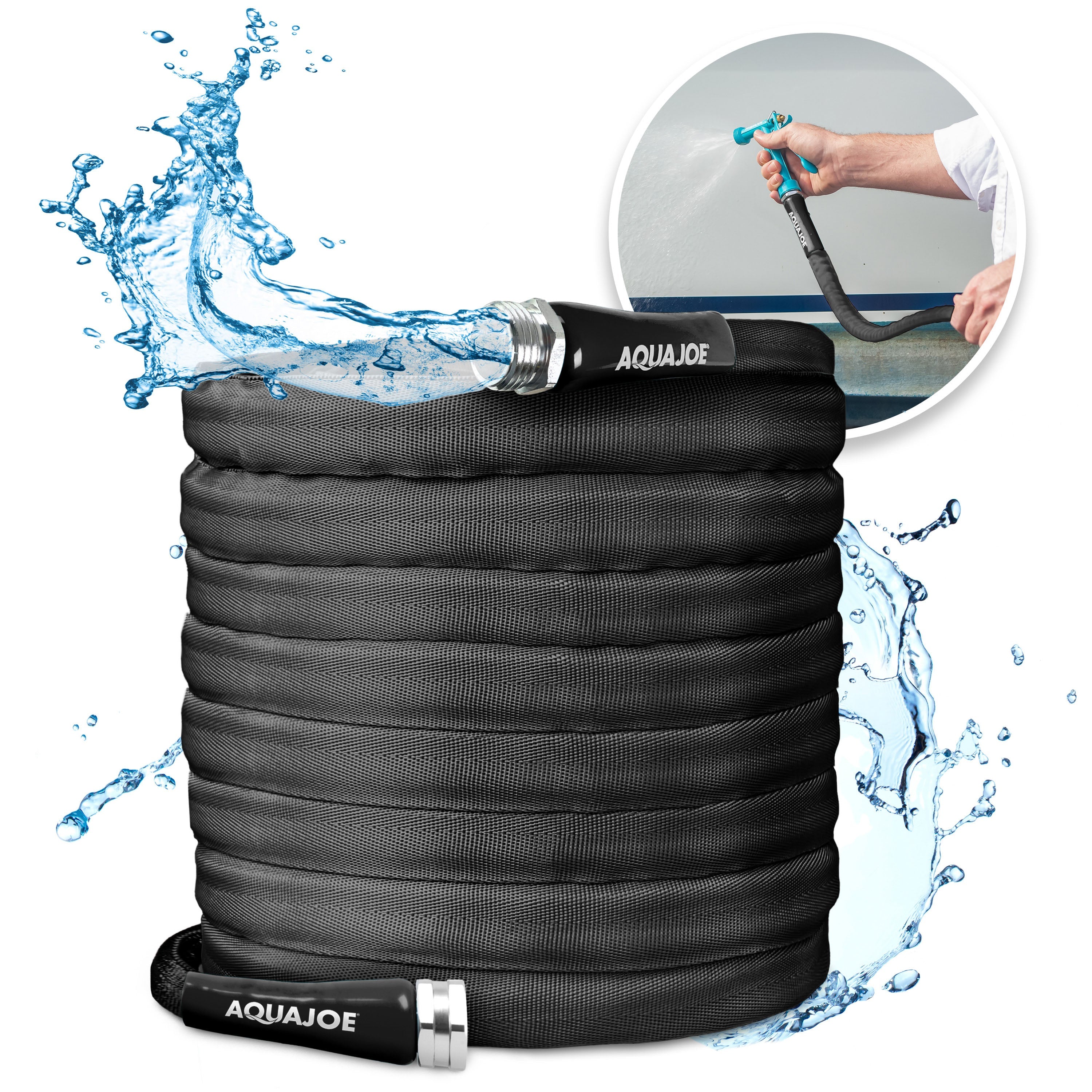 Aqua Joe AJFJH75-34-CTR-BLK Non-Expanding Kink-Free Contractor Grade FiberJacket Garden Hose | 75-Ft | 3/4-in | 650-PSI BURST (Black)