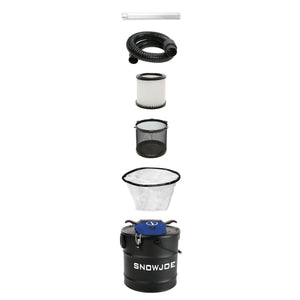 Snow Joe 4.8-gallon Ash Vacuum with extension hose, suction tube, pre-filter, pleated filter, and wire filter basket.