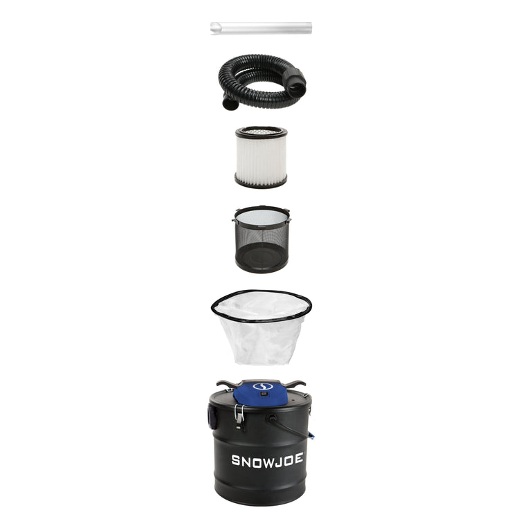 Snow Joe 4.8-gallon Ash Vacuum with extension hose, suction tube, pre-filter, pleated filter, and wire filter basket.