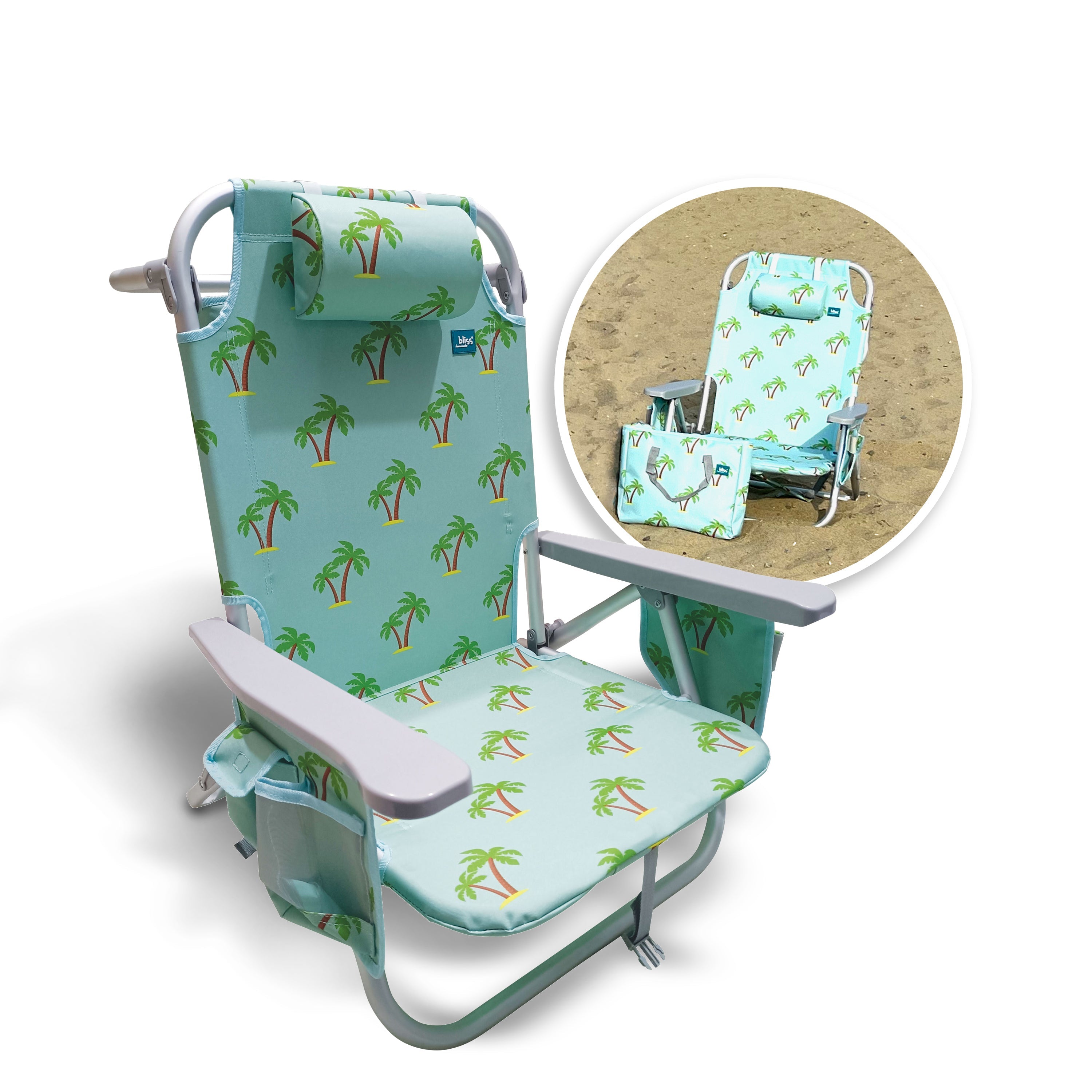 Bliss Hammocks BBC-350-PT Backpack Aluminum Beach Chair W/ Side Pocket & Detachable Cooler Bag | 5 Reclining Positions | 275 Lb. Capacity (Palm Tree)