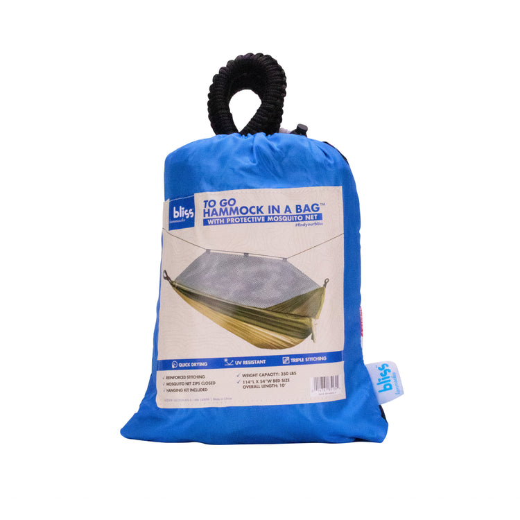 Storage and carry bag for the Bliss Hammocks 54-inch wide Royal Blue Camping Hammock with mosquito net.
