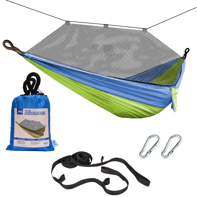 Bliss Hammocks 54-inch wide Mermaid-variation Camping Hammock with mosquito net, tree straps, and a carry bag.
