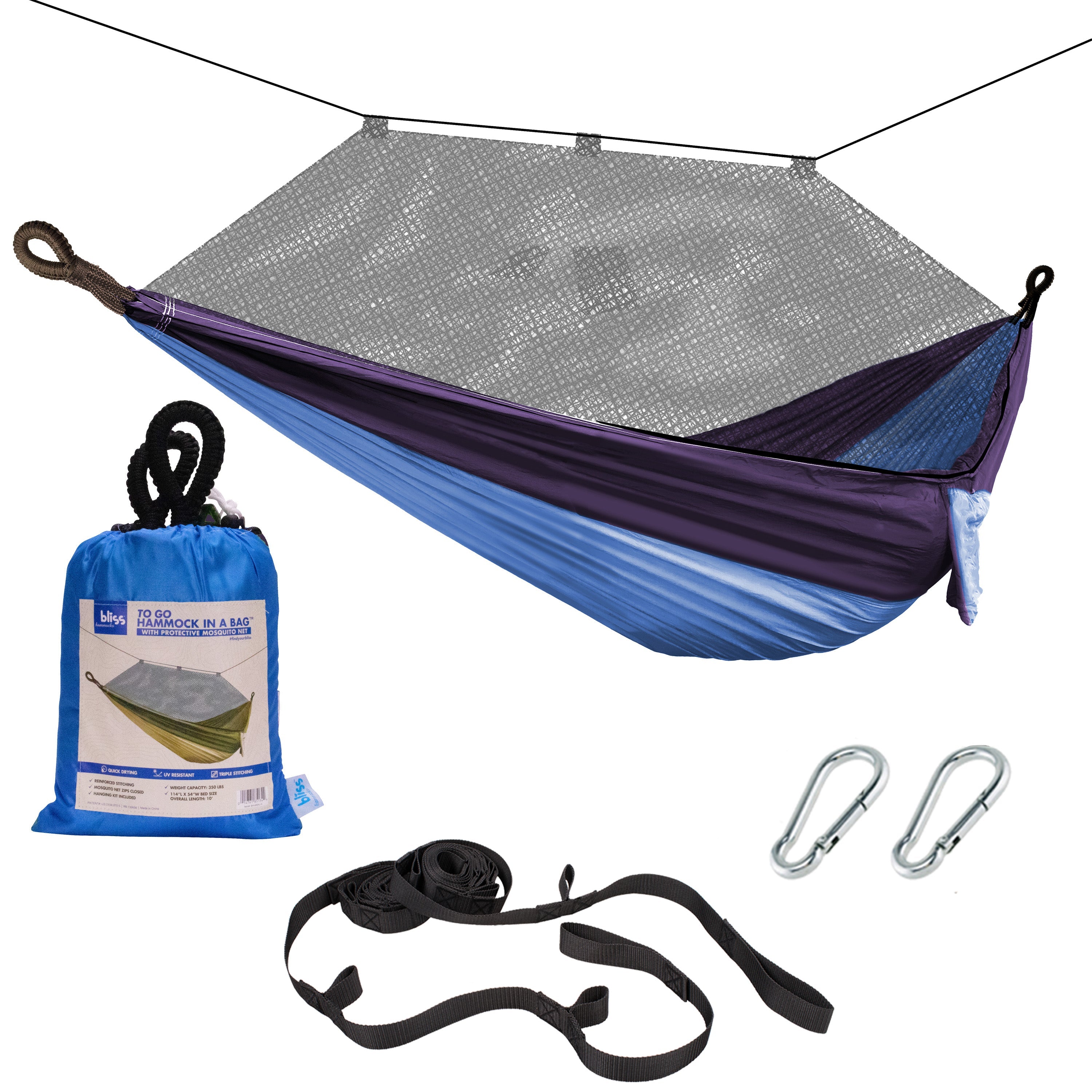 Bliss Hammocks 54-inch wide Royal Blue Camping Hammock with mosquito net, tree straps, and a carry bag.