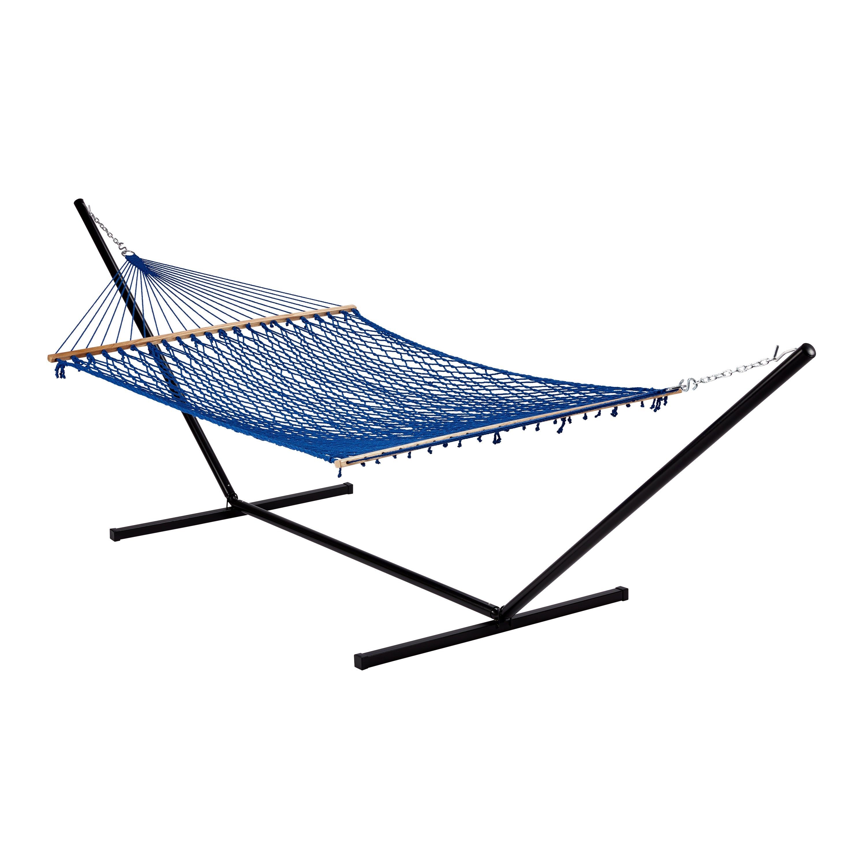 Bliss Hammocks 60-inch Wide Blue Cotton Rope Hammock secured to a stand.