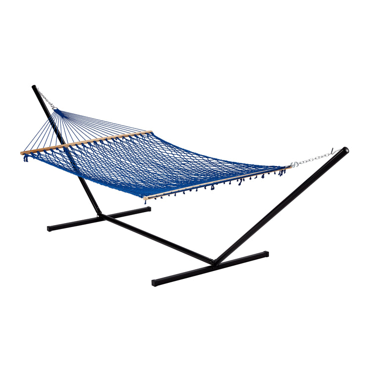 Bliss Hammocks 60-inch Wide Blue Cotton Rope Hammock secured to a stand.