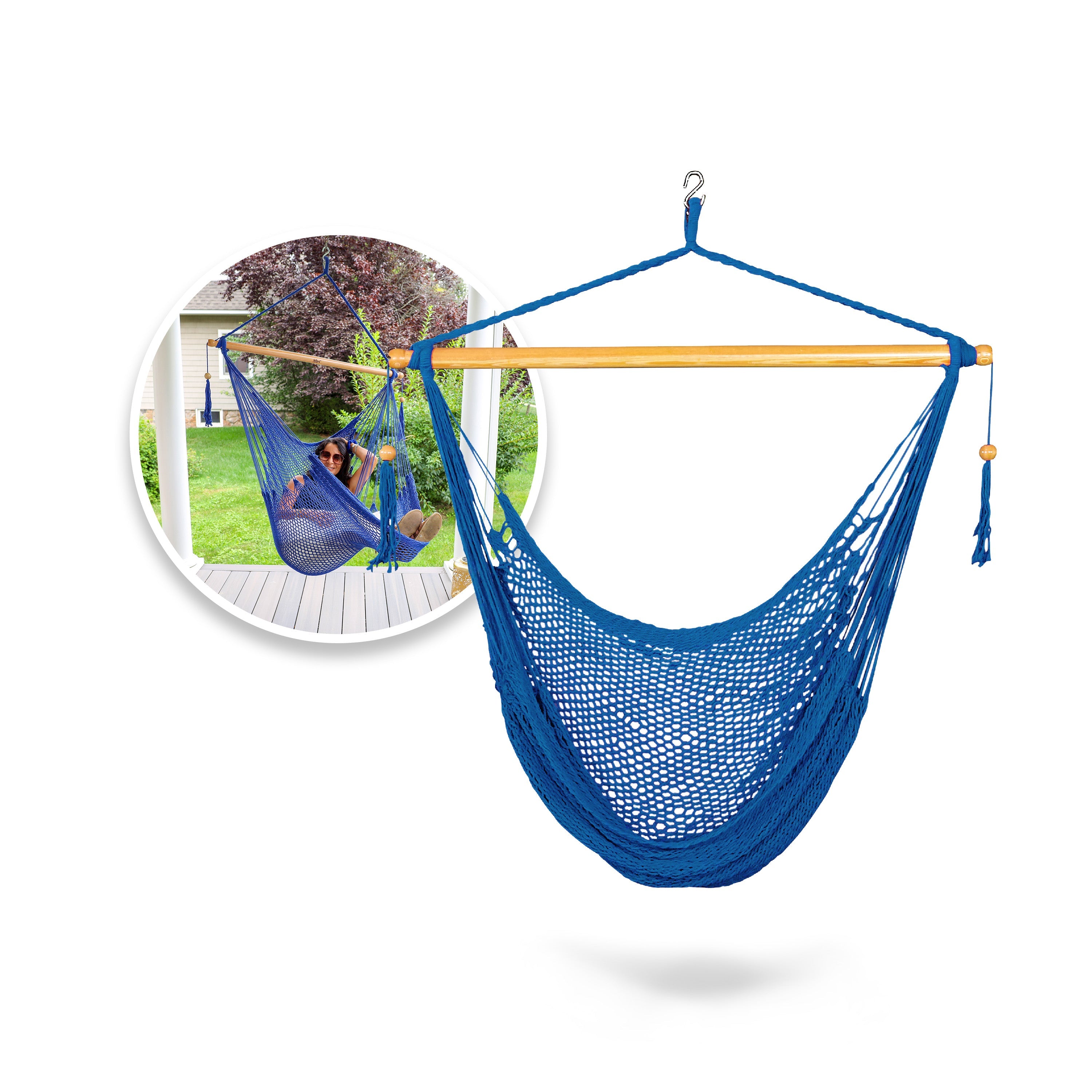Bliss Hammocks BHC-412BLU Island Rope Hammock Chair w/ Spreader Bar & Hanging Hardware | 40-in. Wide | 265 Lb. Capacity (Blue)