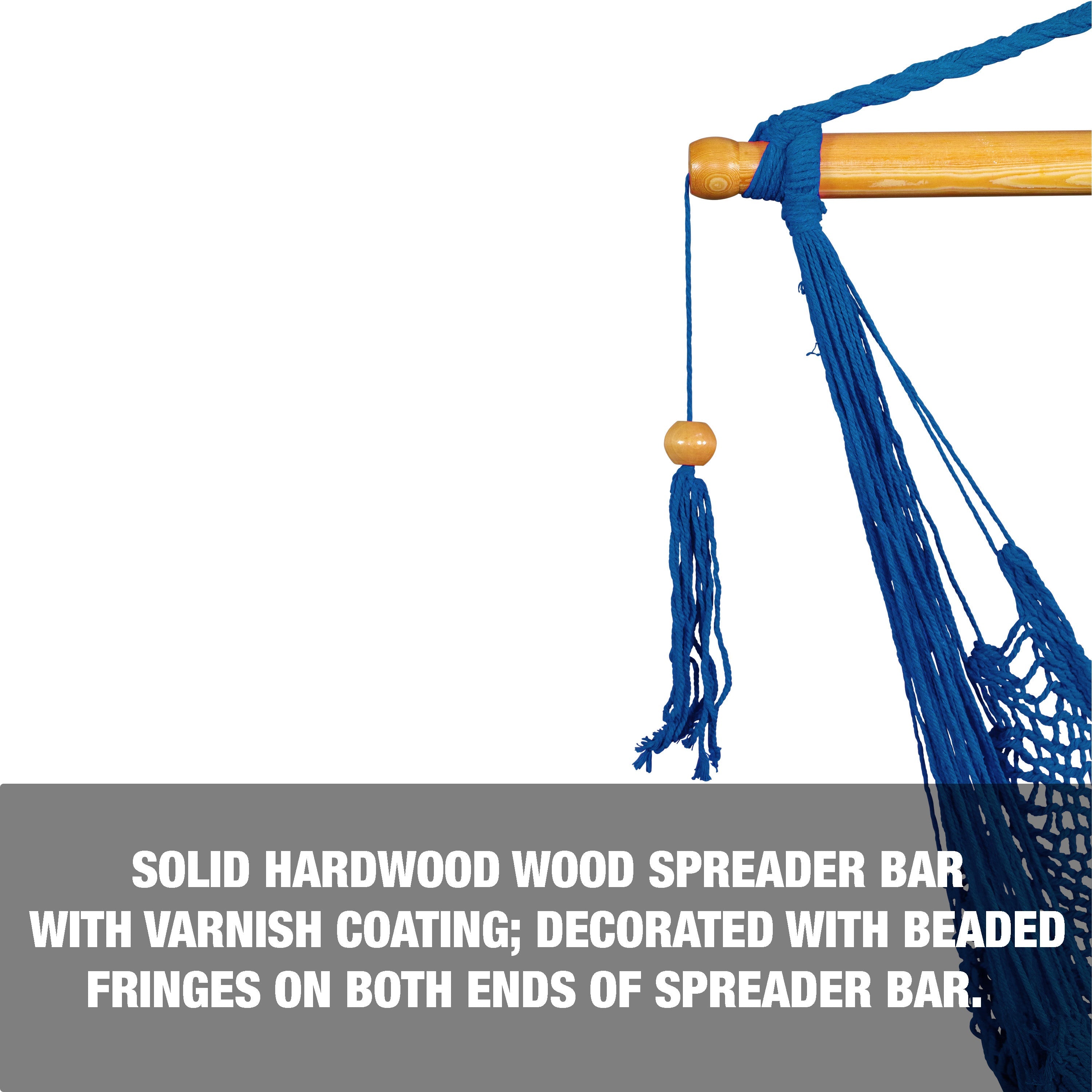 Solid hardwood spreader bar with varnish coating, decorated with beaded fringes on both sides of the bar.