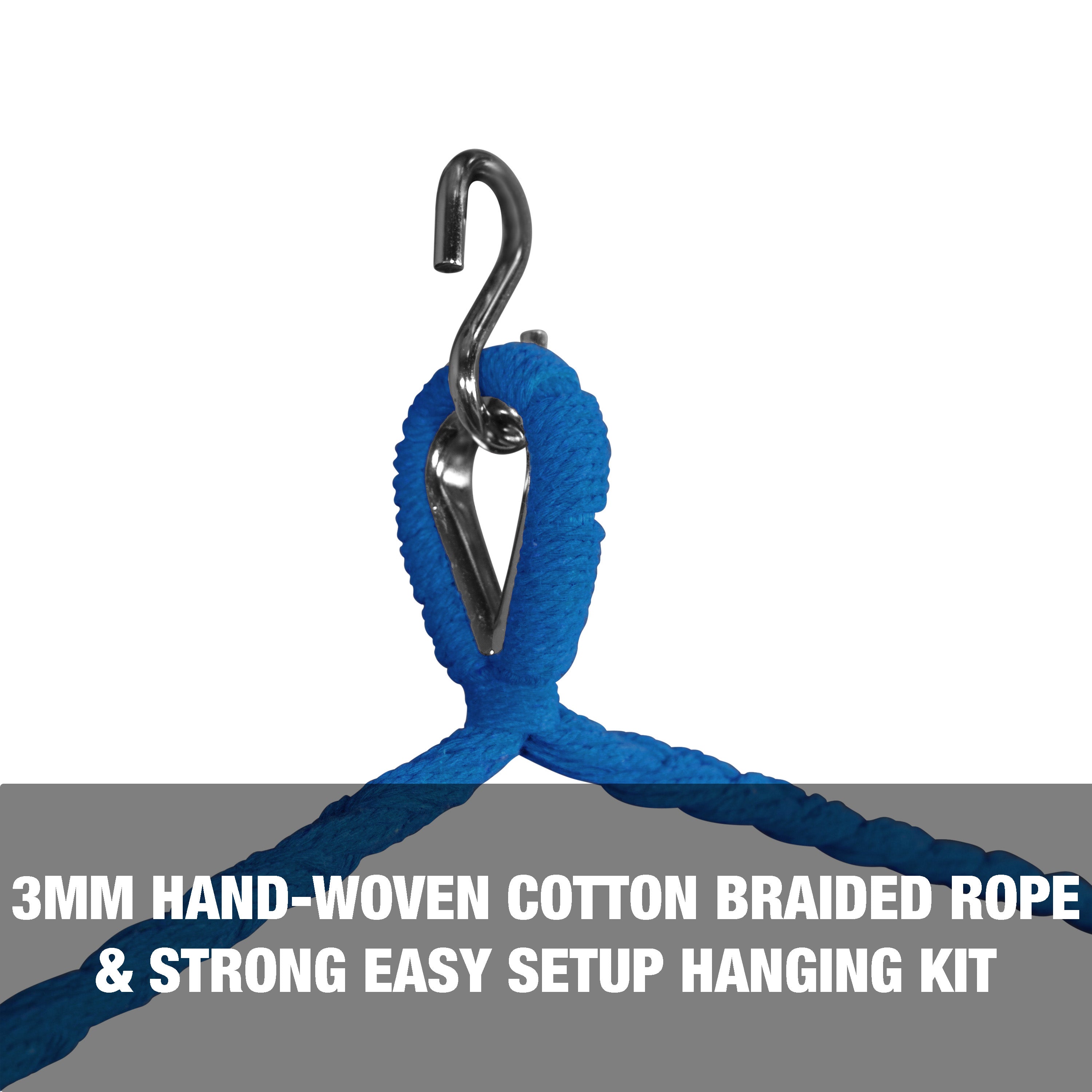 3mm hand-woven cotton braided rope and strong, easy setup hanging kit.