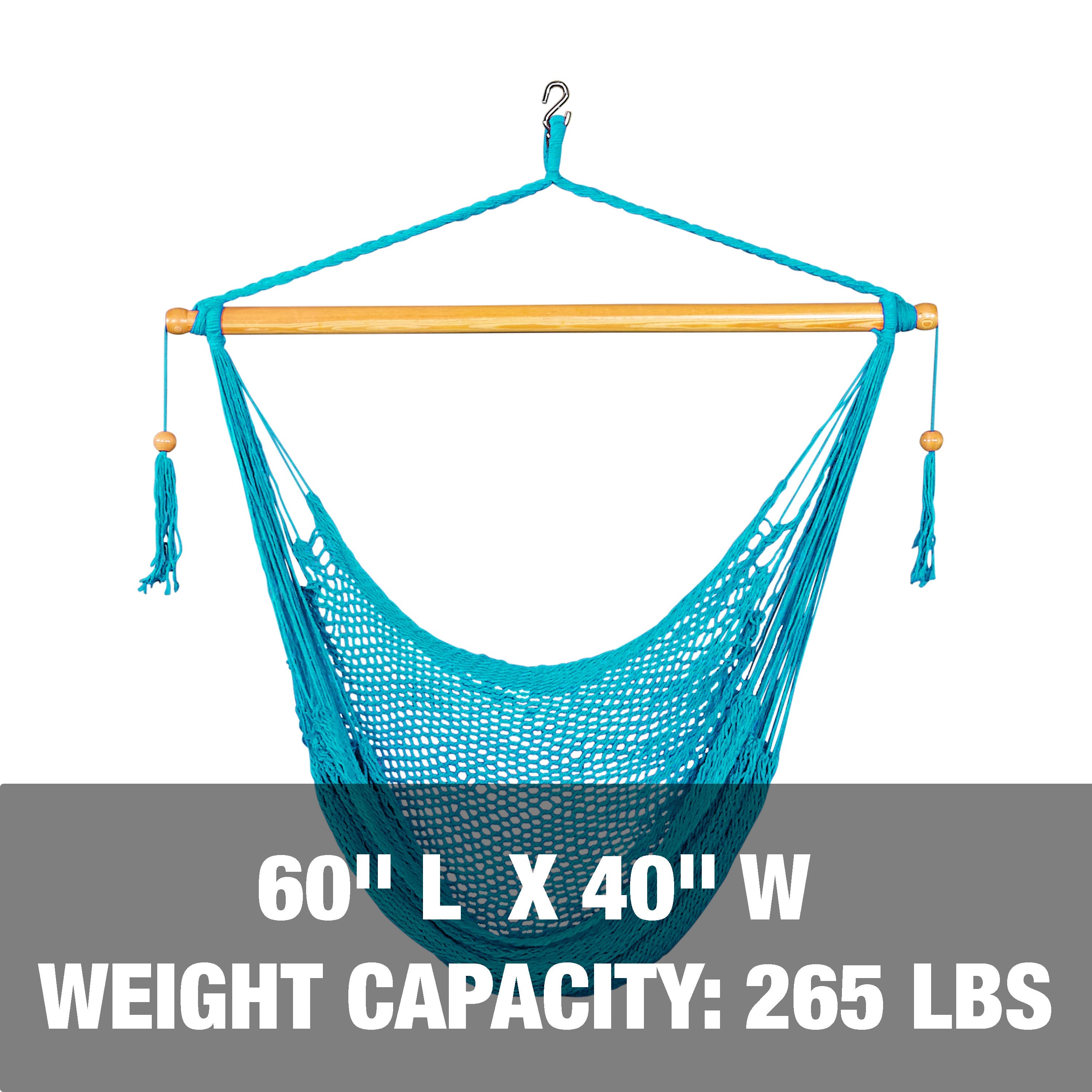 60 inch length and 40 inch width, with a weight capacity of 265 pounds.