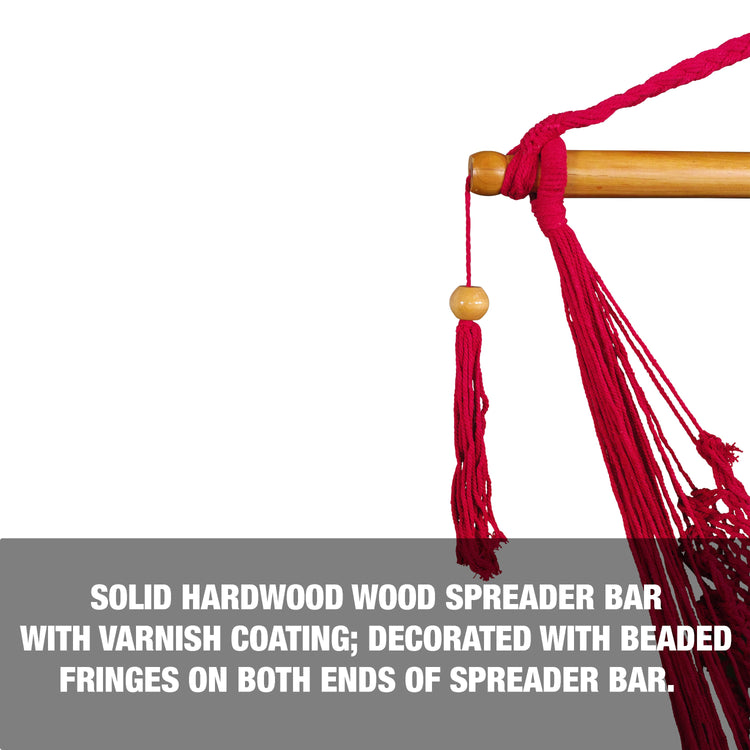 Solid hardwood spreader bar with varnish coating, decorated with beaded fringes on both sides of the bar.