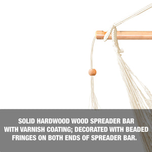 Solid hardwood spreader bar with varnish coating, decorated with beaded fringes on both sides of the bar.
