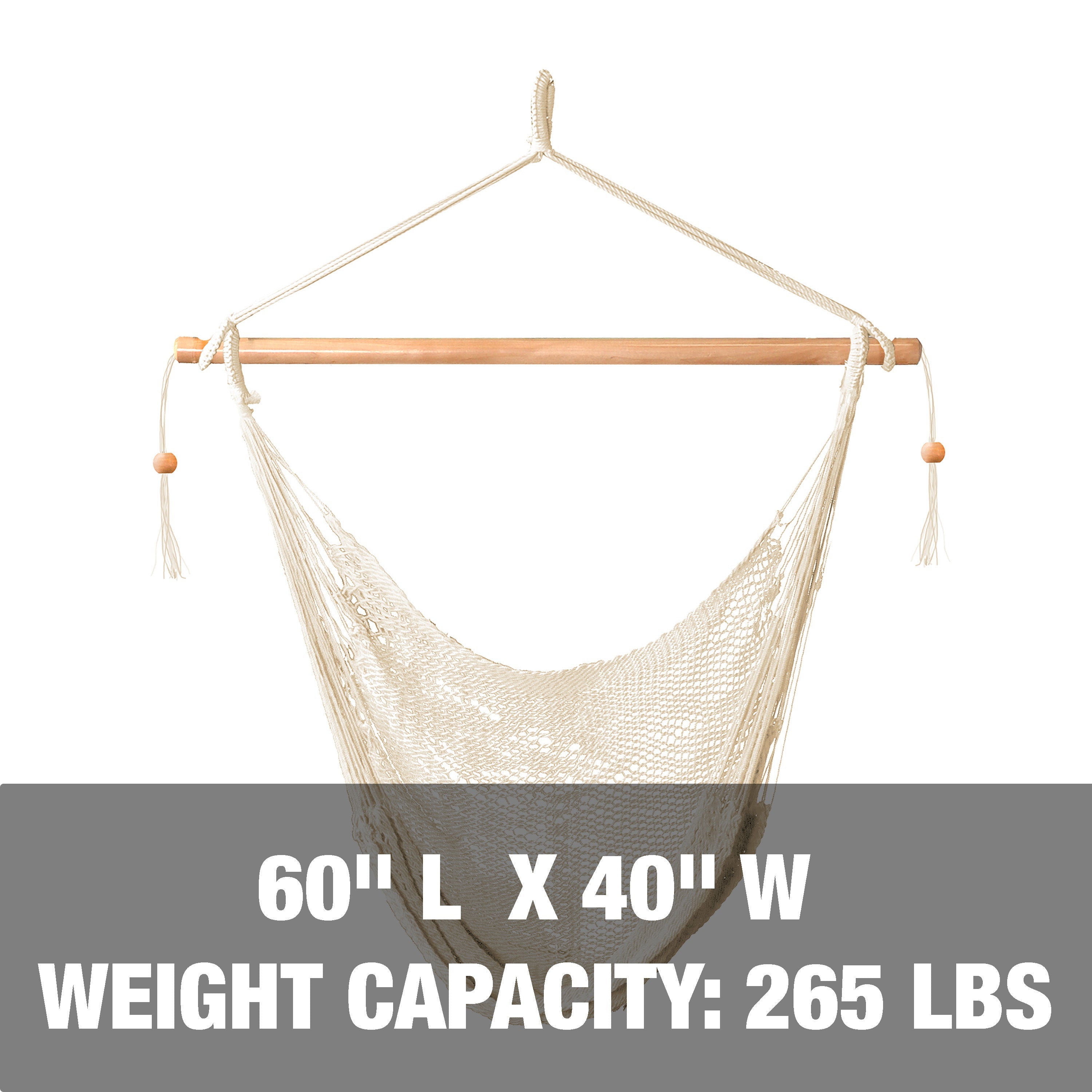 60 inch length and 40 inch width, with a weight capacity of 265 pounds.