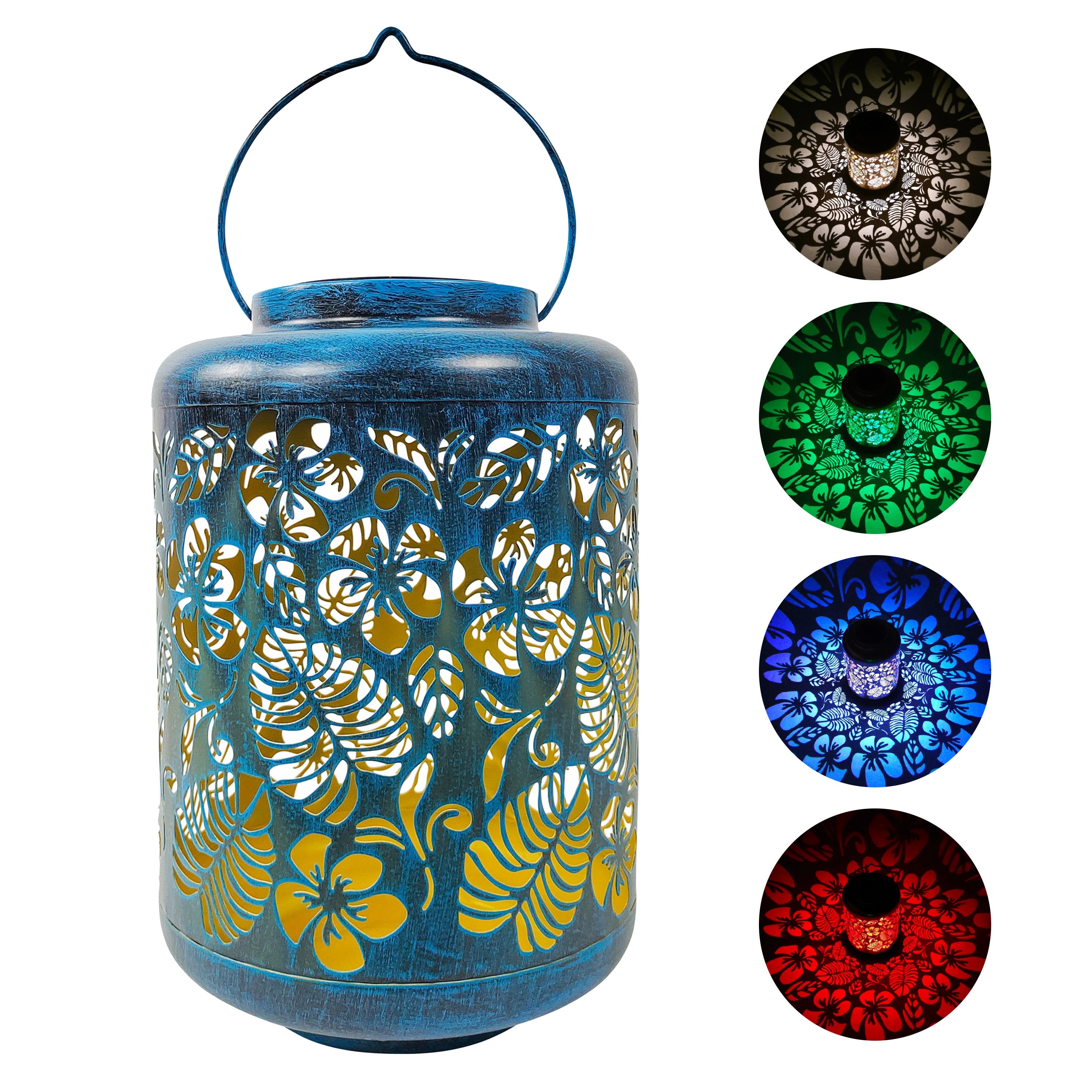 Bliss Outdoors 12-inch solar LED blue lantern with circled images on the right showing the light pattern and colors.
