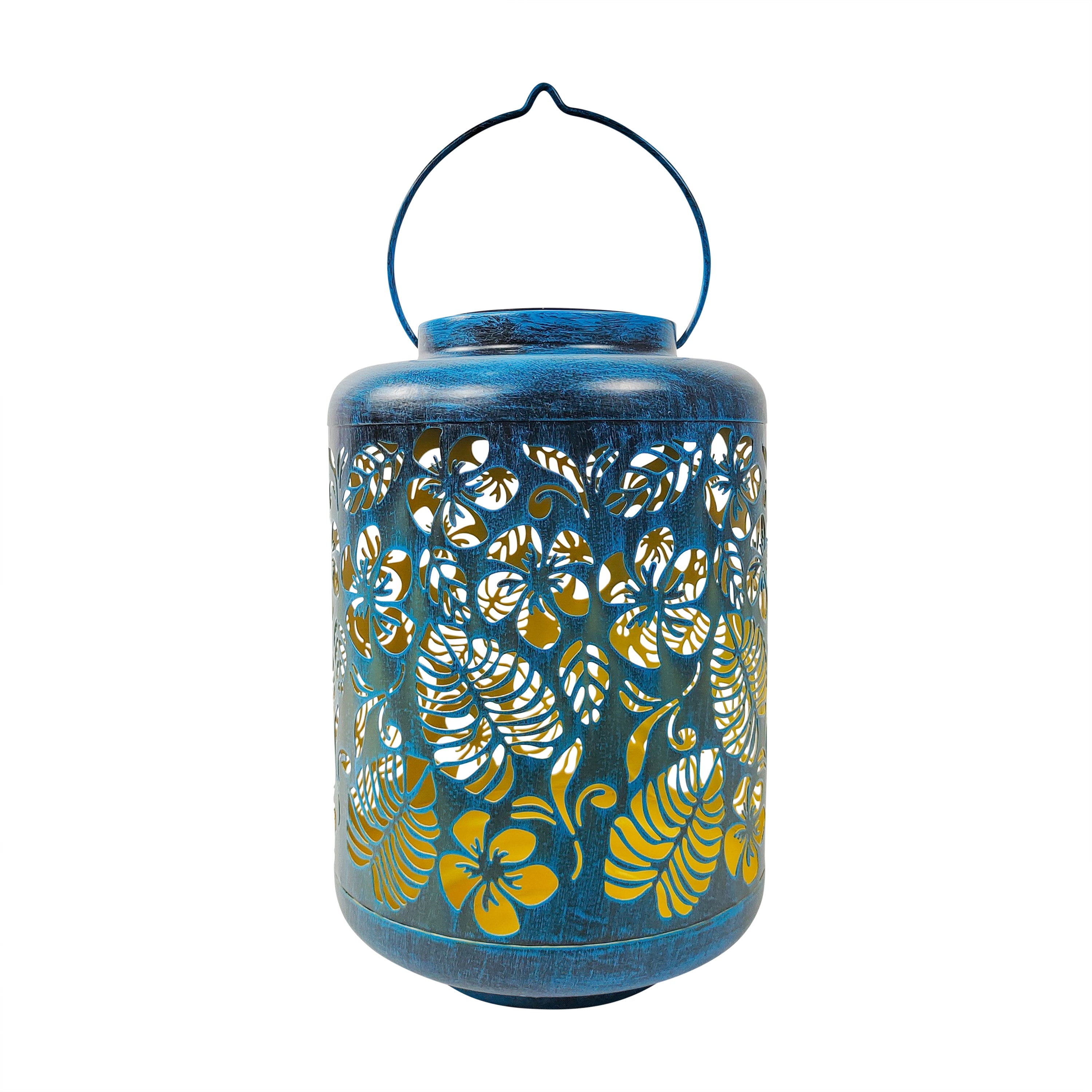 Bliss Outdoors 12-inch Solar LED Blue Lantern with Tropical Flower Design.