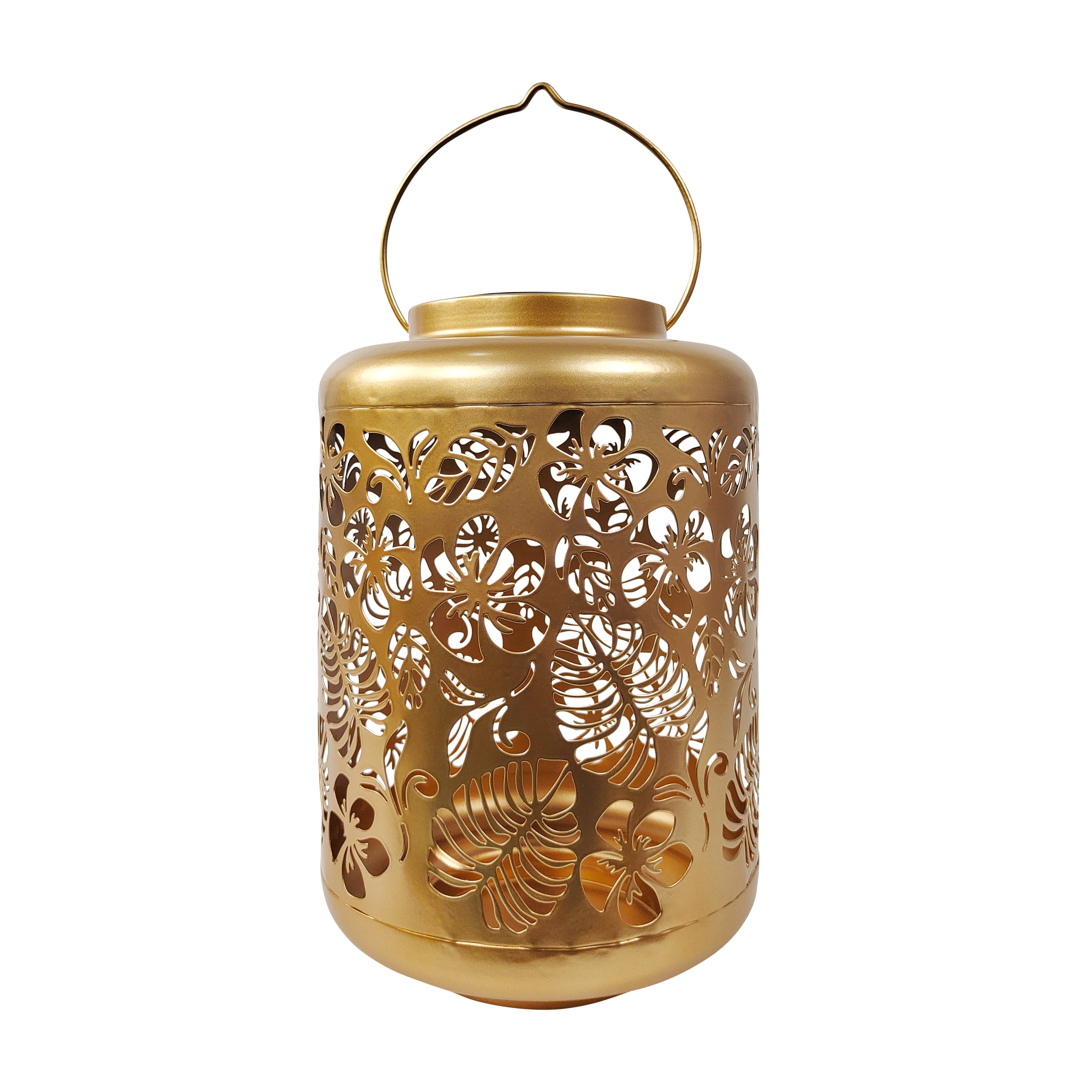 Bliss Outdoors 12-inch Solar LED Gold Lantern with Tropical Flower Design.