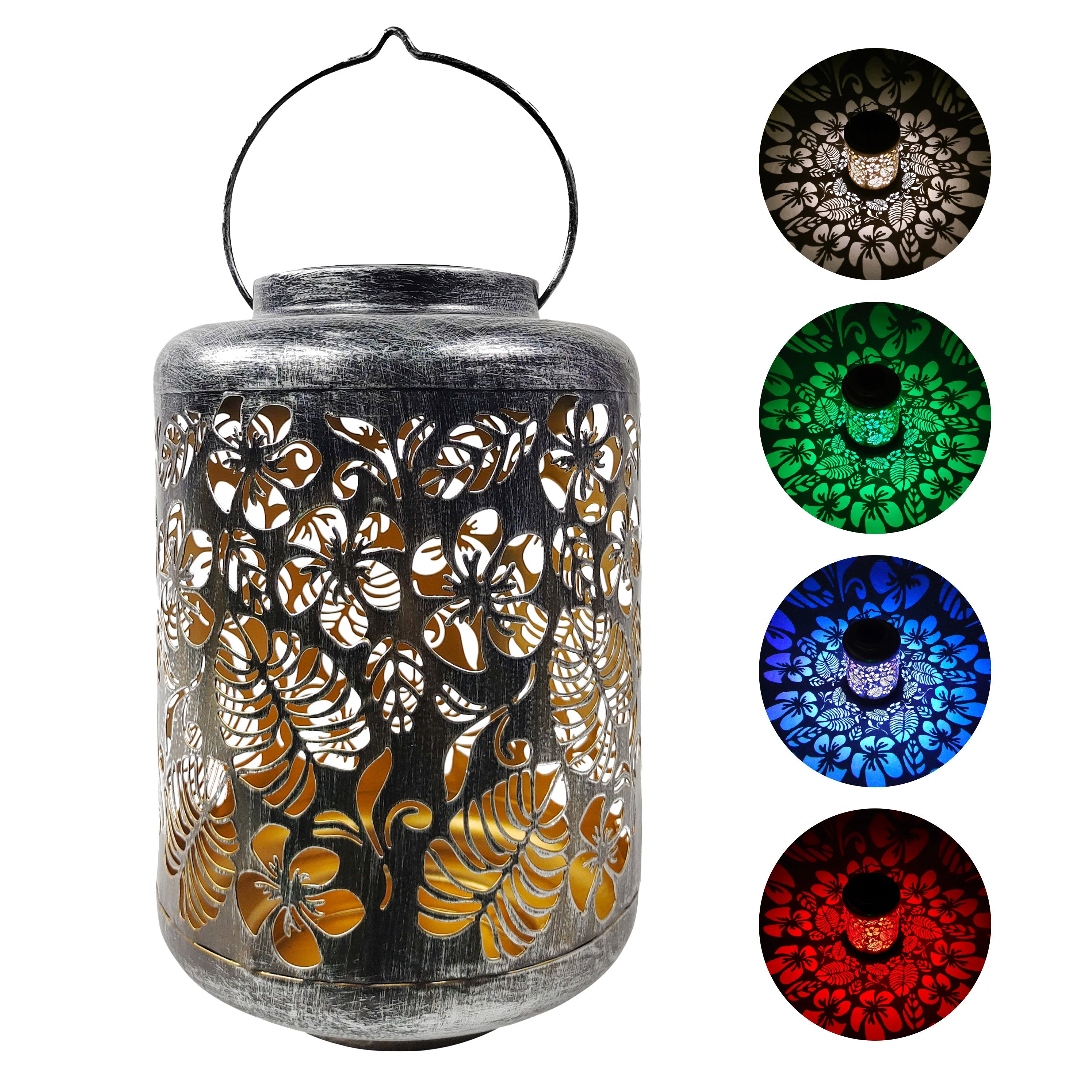 Bliss Outdoors 12-inch solar LED silver lantern with circled images on the right showing the light pattern and colors.