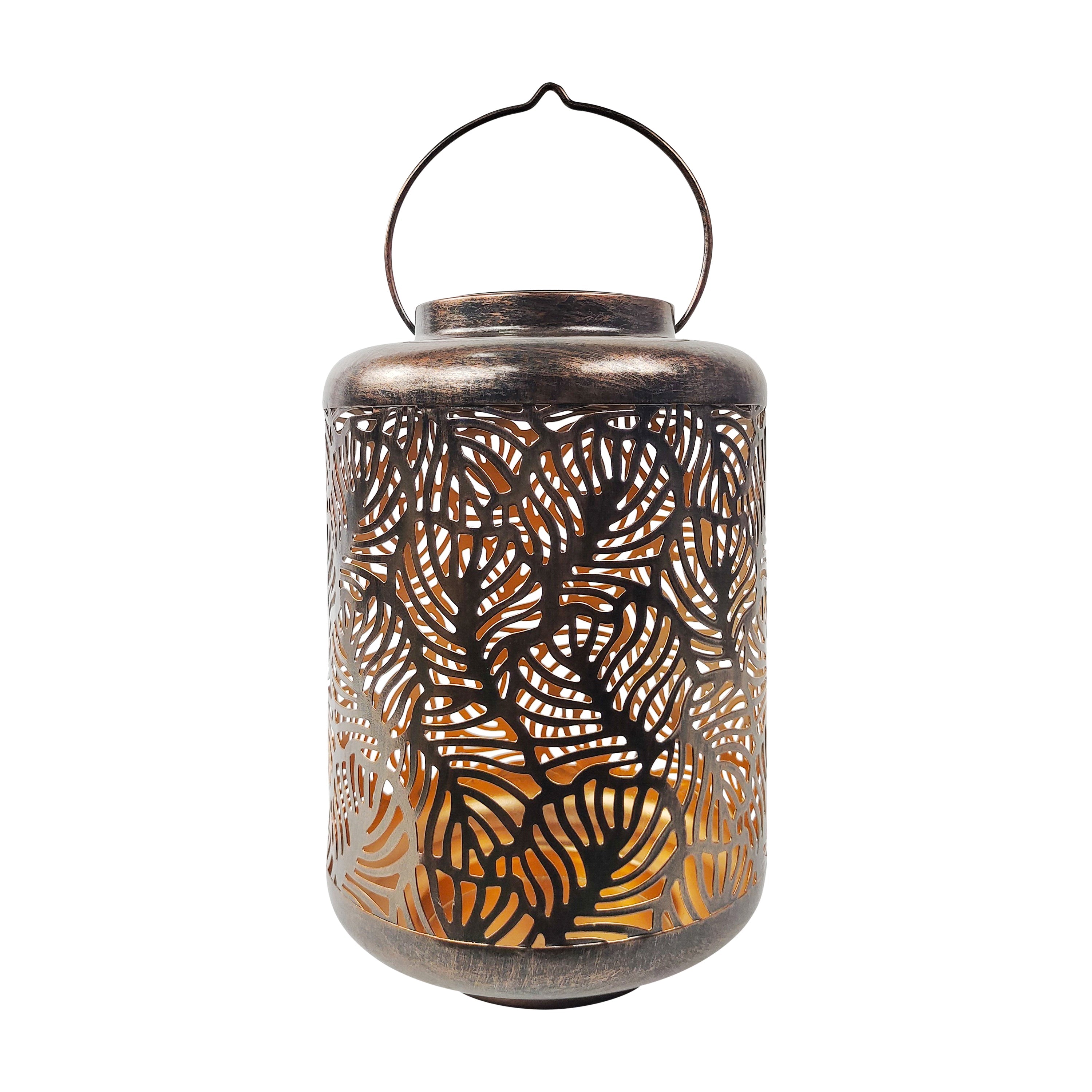 Bliss Outdoors 12-inch Solar LED Bronze Lantern with Banana Leaf Design.