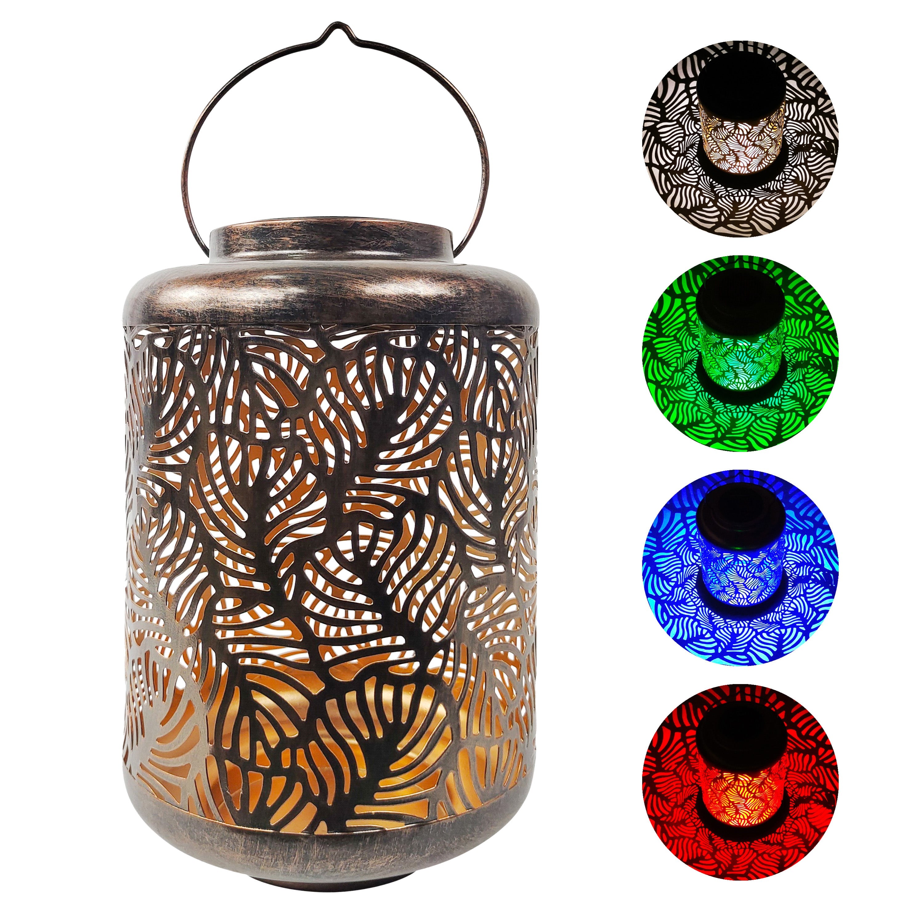 Bliss Outdoors 12 inch solar LED bronze lantern with circled images on the right showing the light pattern and colors.