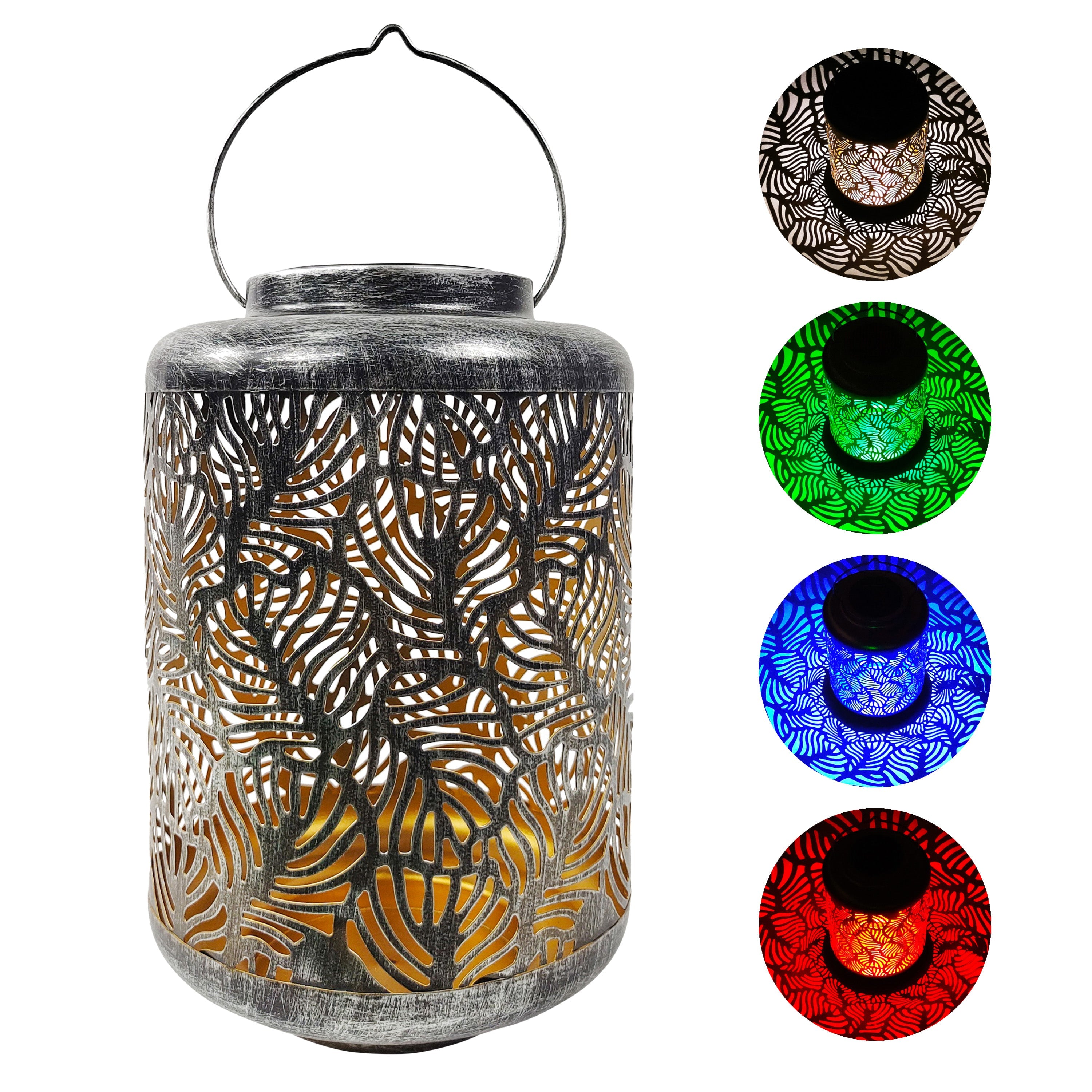 Bliss Outdoors 12 inch solar LED silver lantern with circled images on the right showing the light pattern and colors.