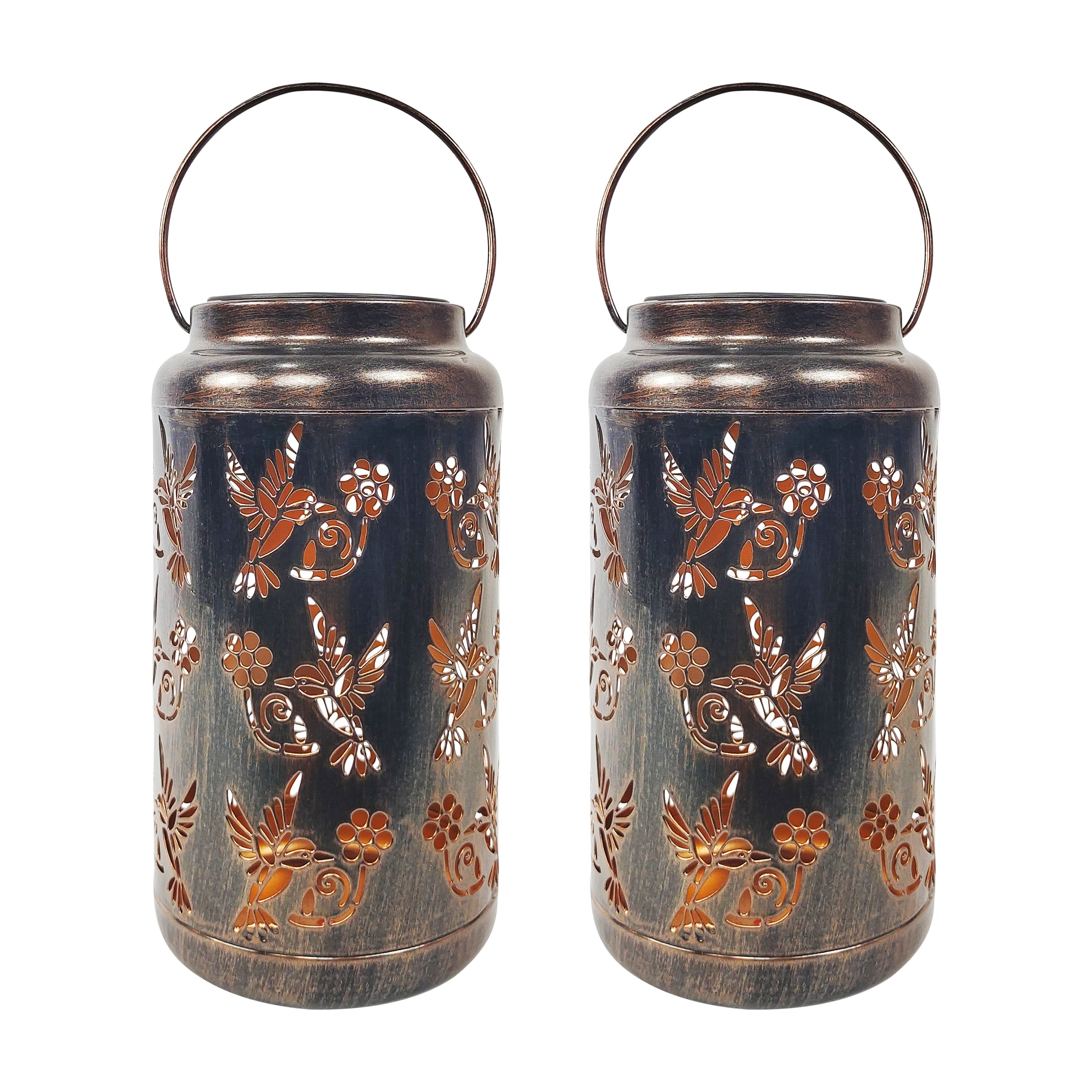 Bliss Outdoors Set of 2 9-inch Solar LED Bronze Lanterns with Humming Bird Design.