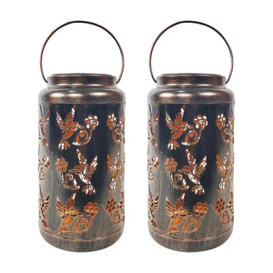 Bliss Outdoors Set of 2 9-inch Solar LED Bronze Lanterns with Humming Bird Design.