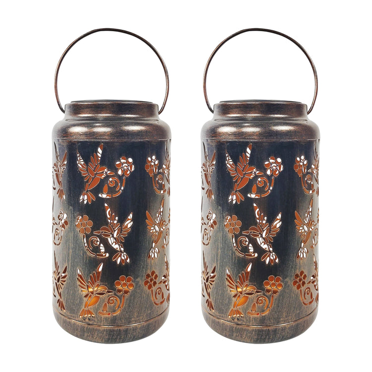 Bliss Outdoors Set of 2 9-inch Solar LED Bronze Lanterns with Humming Bird Design.