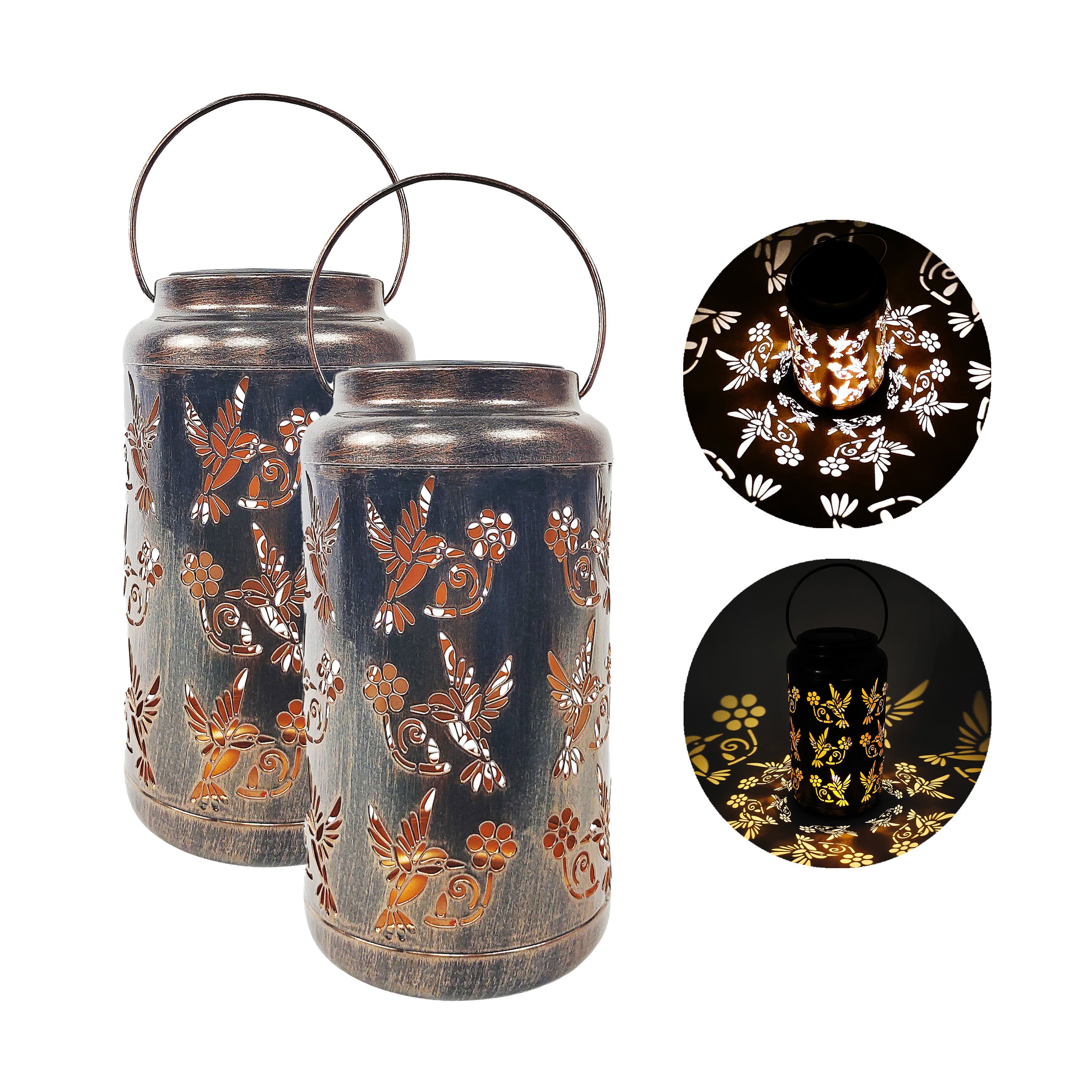 Bliss Outdoors set of 2 9-inch solar LED bronze lanterns with circled images on the right showing the light pattern.