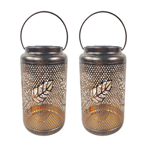 Bliss Outdoors Set of 2 9-inch Solar LED Bronze Lanterns with Berry Leaf Design.
