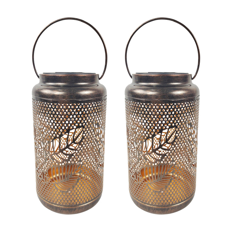 Bliss Outdoors Set of 2 9-inch Solar LED Bronze Lanterns with Berry Leaf Design.